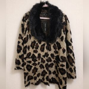 Black Rivet Leopard Print Sweater Coat Faux Fur Collar NWT Size XL